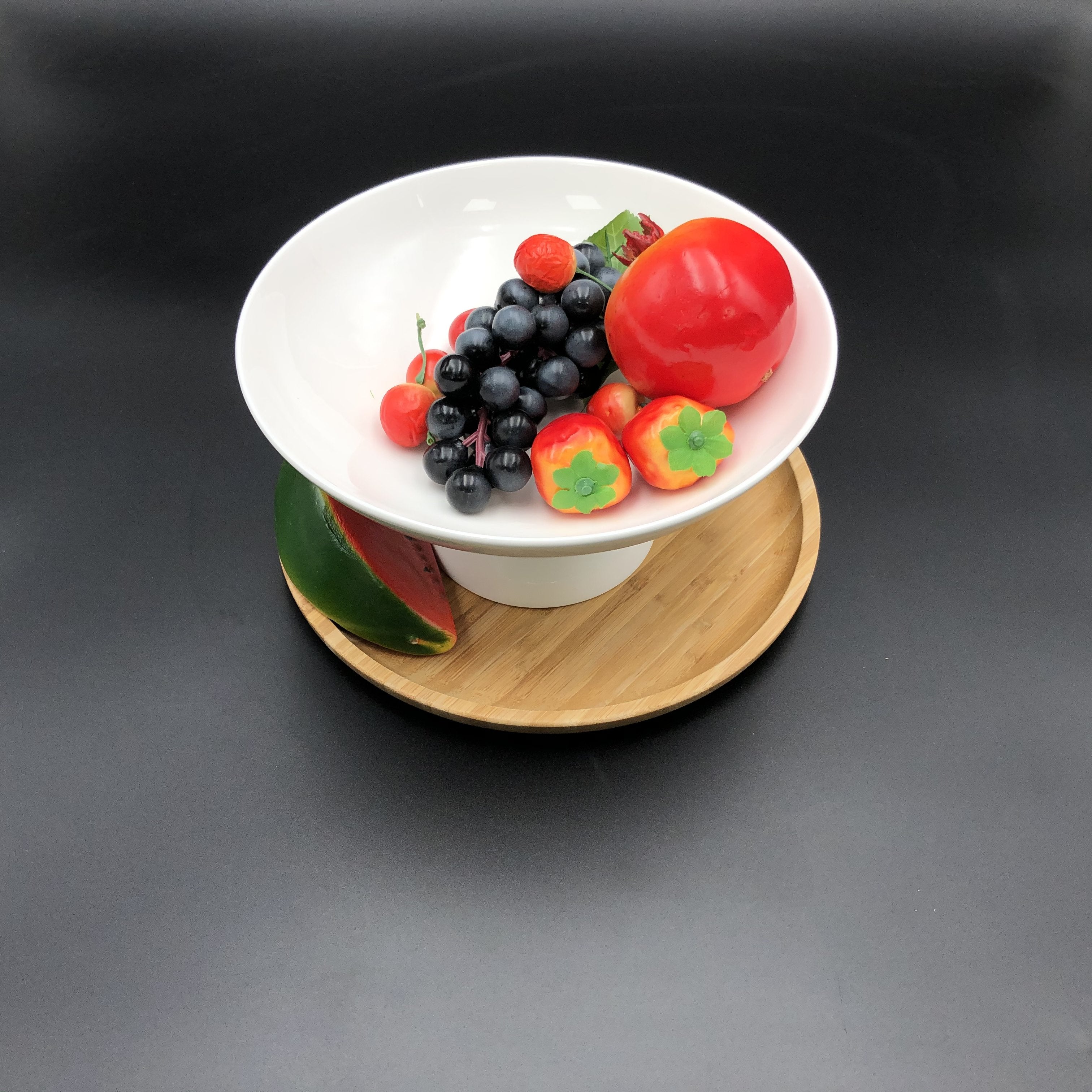 Fine Porcelain Fruit Vase with 10 Inch Bamboo Tray – Set of 2