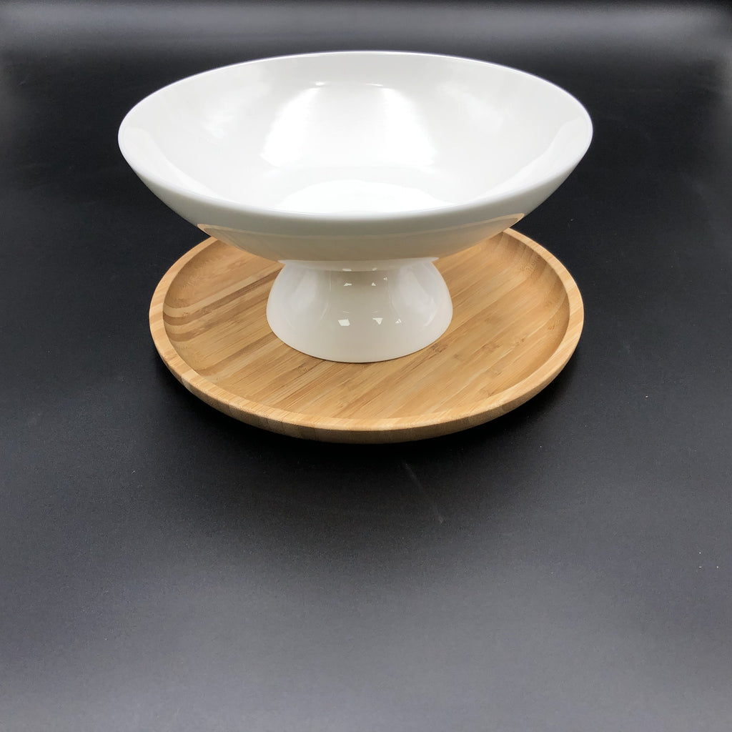 Fine Porcelain Fruit Vase with 10 Inch Bamboo Tray – Set of 2