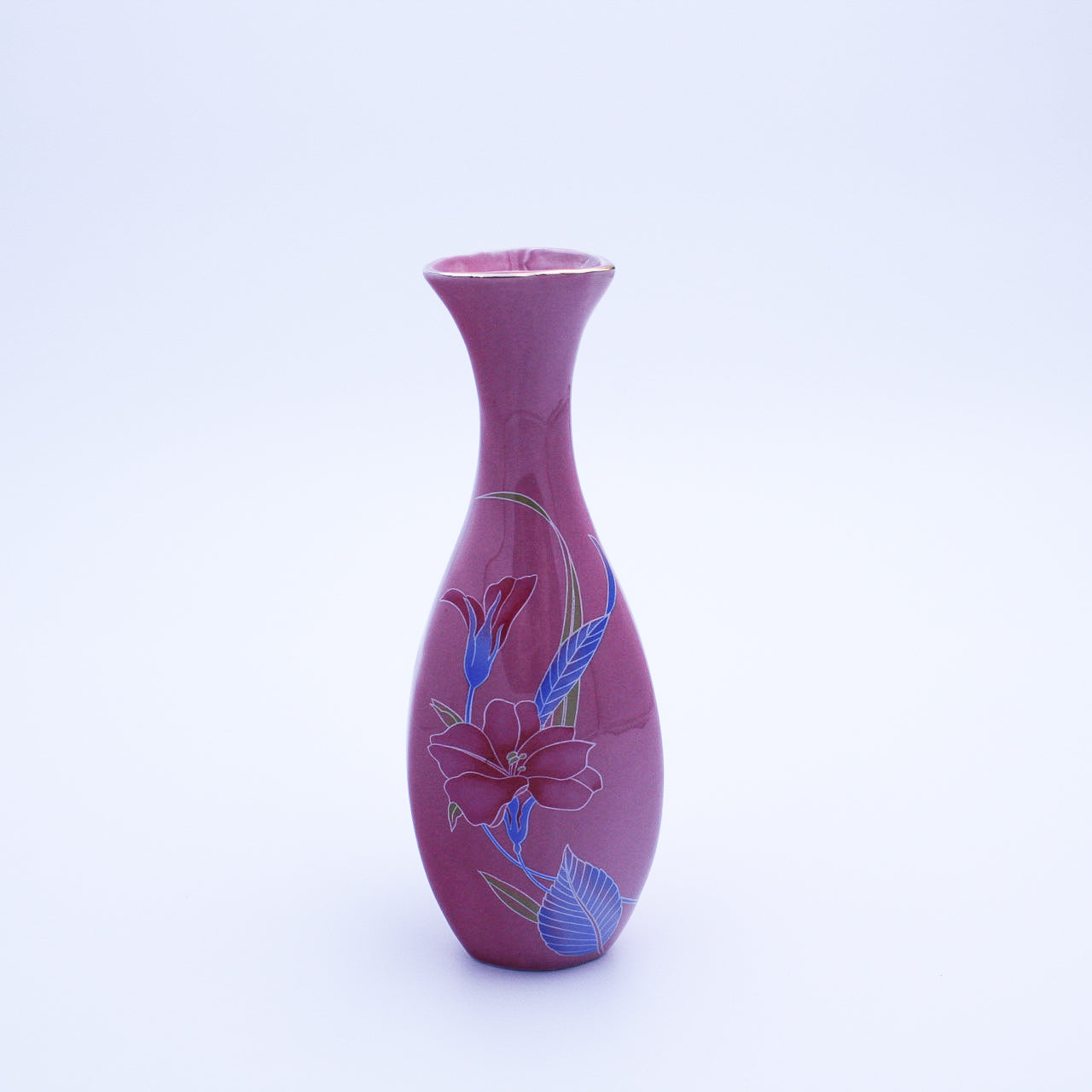 Soft Pink Ceramic Bud Vase with Floral Transfer & Gold‑Trim Rim — 7.75"