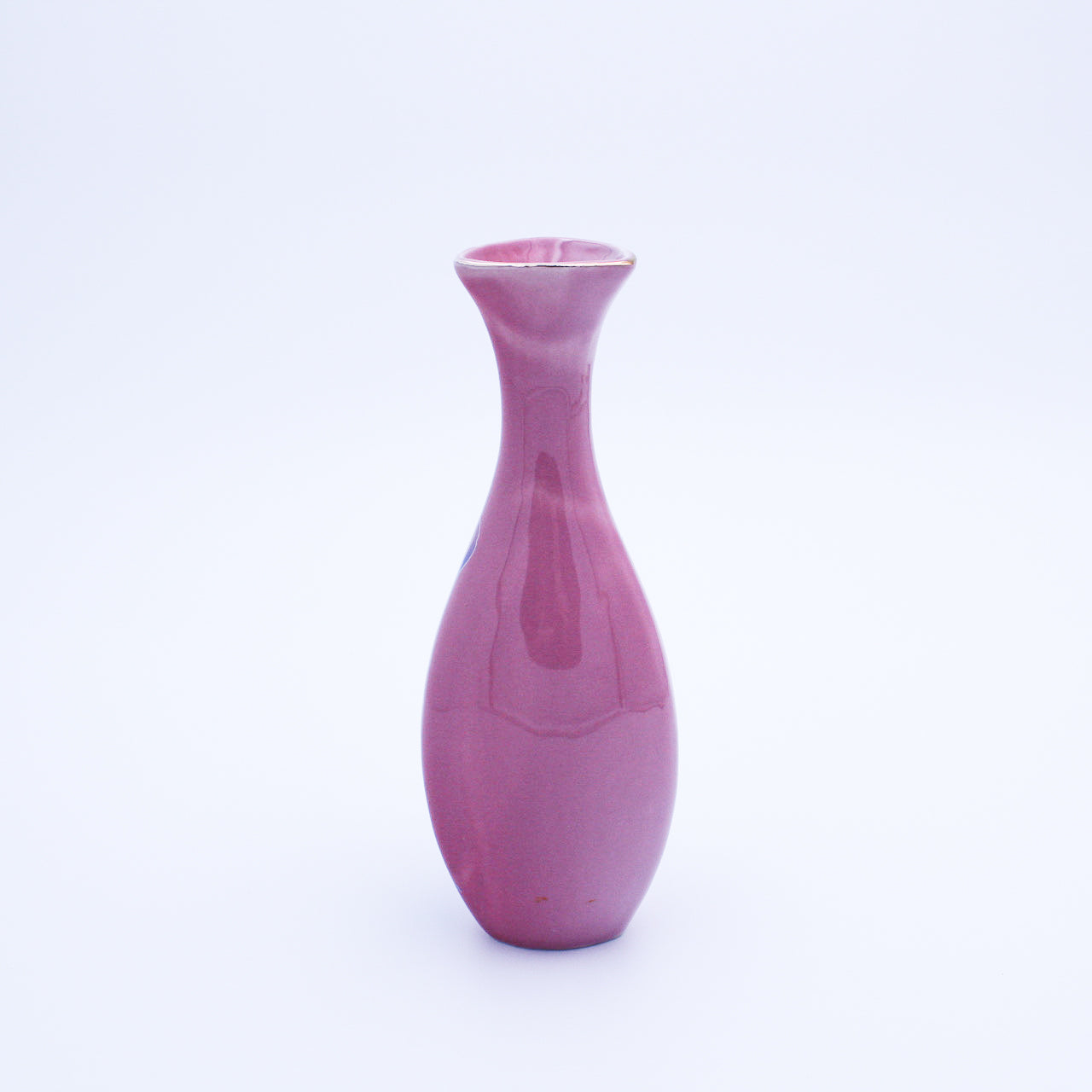Soft Pink Ceramic Bud Vase with Floral Transfer & Gold‑Trim Rim — 7.75"