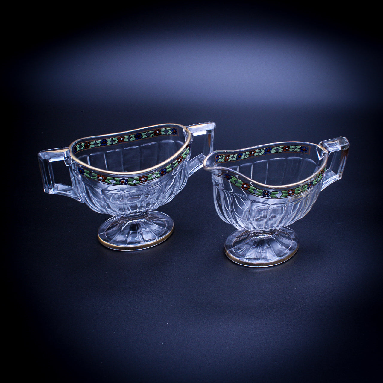 Art Deco Heisey Painted Flower Sugar Bowl & Creamer Set Vintage