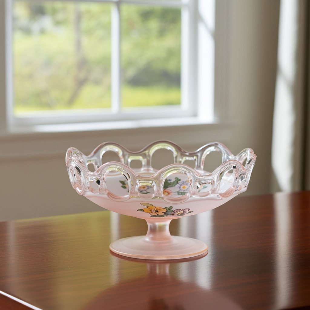 Lancaster Glass Open Work Pink Satin Pedestal Bowl - Scalloped Loop Rim
