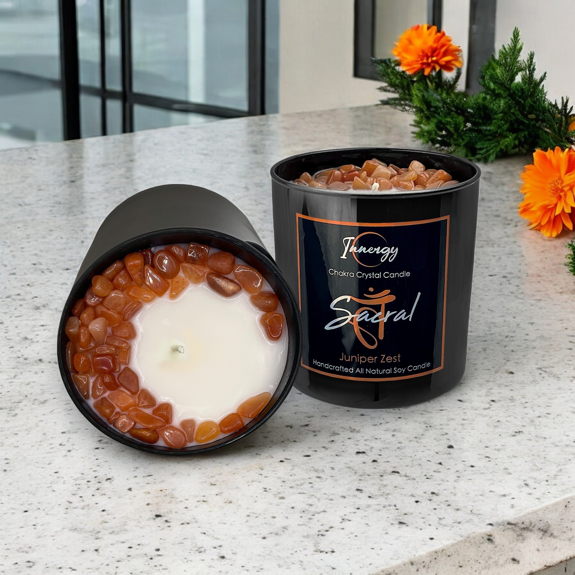 Sacral Chakra Crystal‑Infused Candle — 10 oz