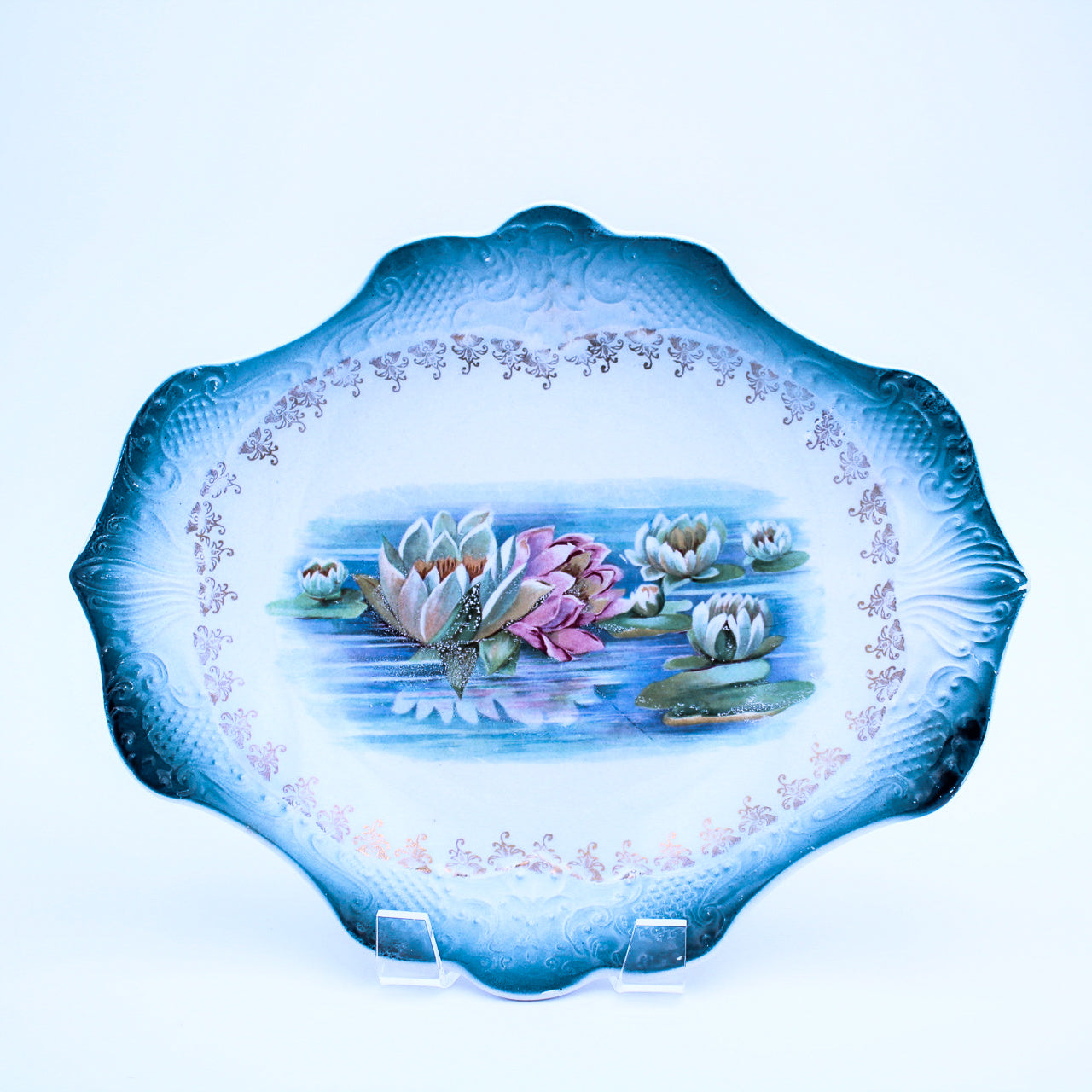 Sterling China Aqua-Blue Scalloped Serving Bowl, Rare Inlay Pattern
