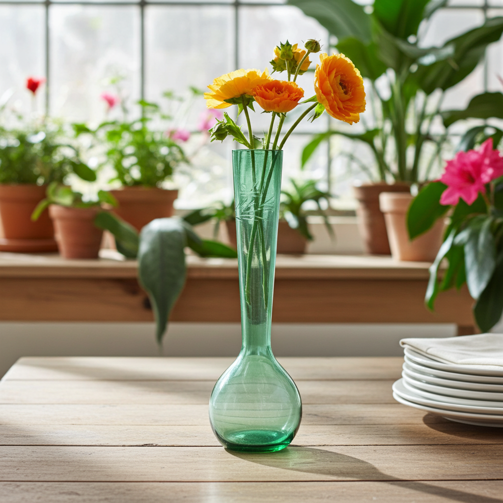 Soliflore en verre vert soufflé bouche, gravé de motifs floraux — H 21,5 cm