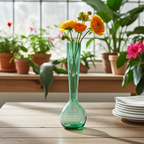 Mundgeblasene grüne Glasvase mit Blumenätzung – 21,6 cm H