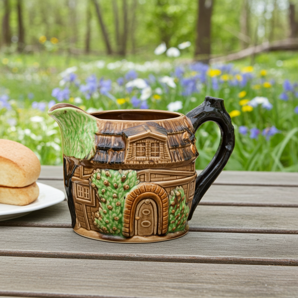 Cottage House Majolica Pitcher - Hand-Painted, Made in Japan