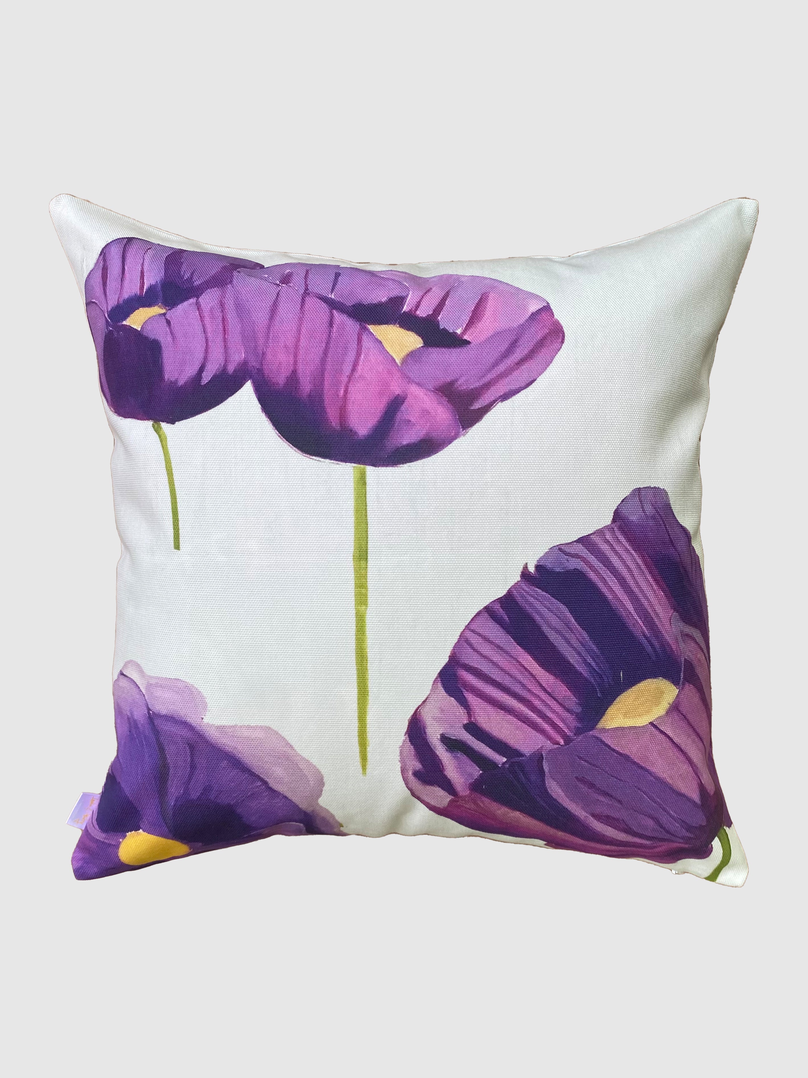 Cotton Canvas Throw Pillow: Purple Poppies on Snow