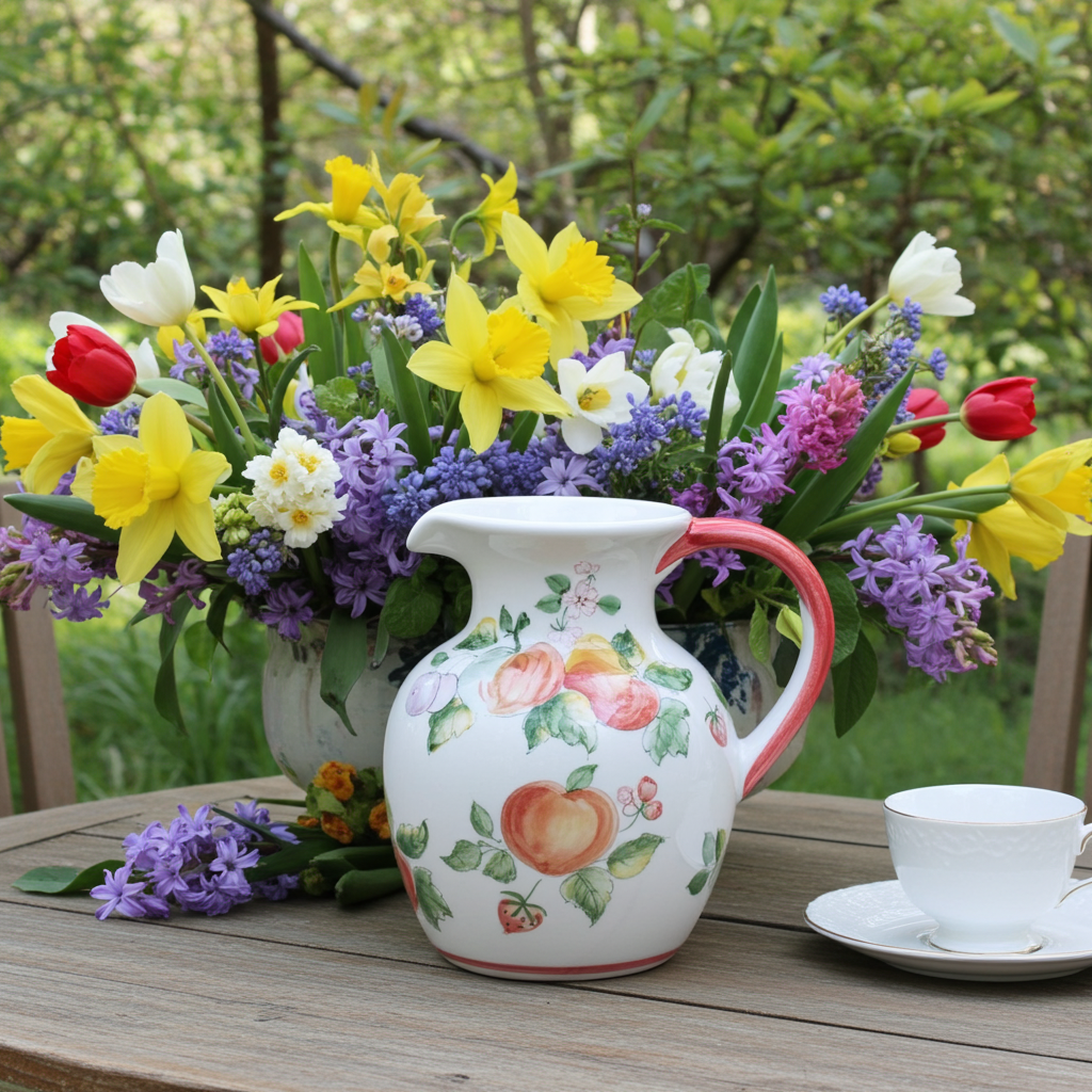 Hand‑Painted Ceramic Fruit & Floral Pitcher