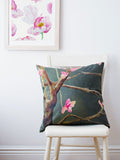 Throw Pillow: Tree with Pink Flowers on Dark Grey