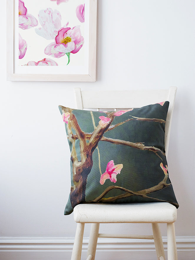 Throw Pillow: Tree with Pink Flowers on Dark Grey