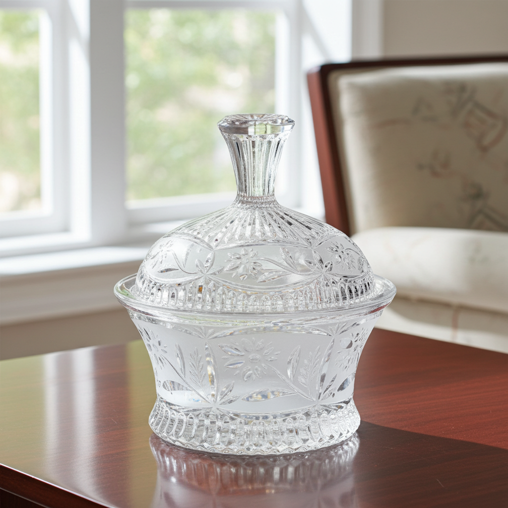 Floral Frost Cut Crystal Lidded Candy Dish - Faceted Finial