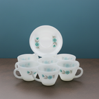 Fire‑King Bonnie Blue Milk Glass Cup and Saucer Set – Six‑Piece Floral Tea Service