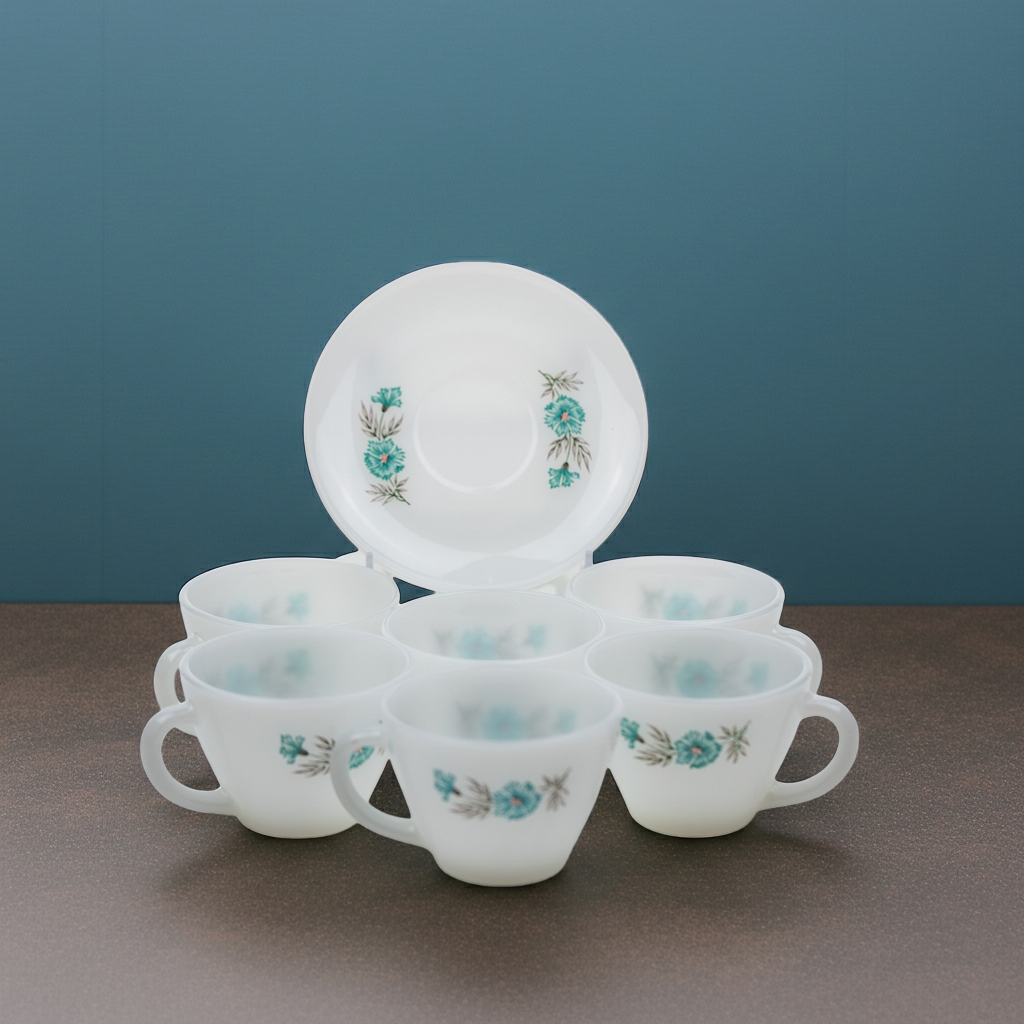 Fire‑King Bonnie Blue Milk Glass Cup and Saucer Set – Six‑Piece Floral Tea Service