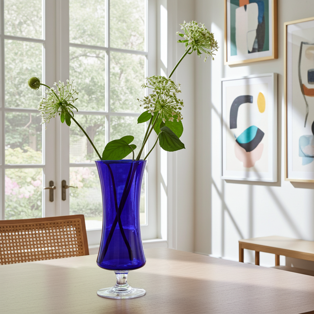 Blaue Kobaltglasvase, klarer Sockel, 24,13 cm