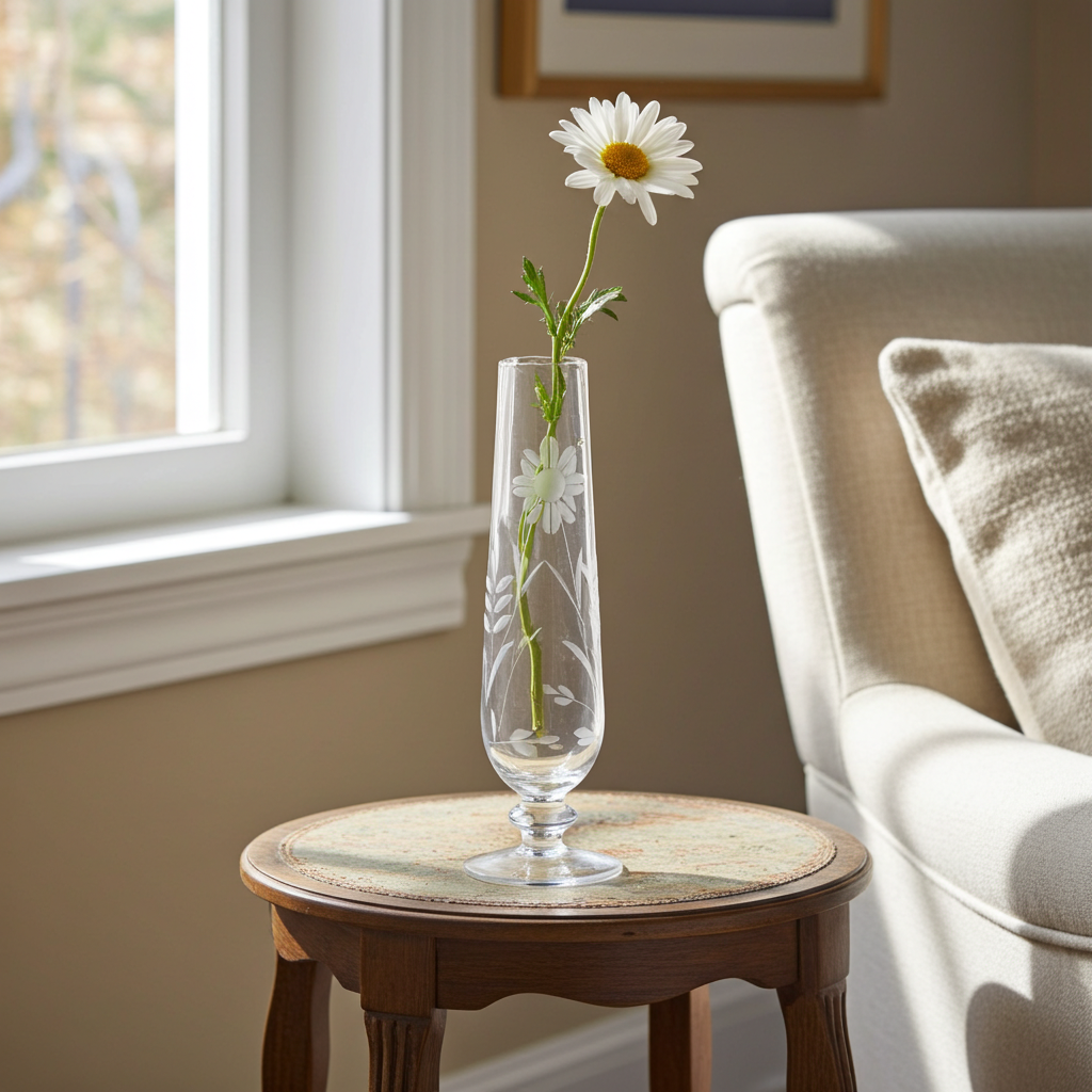 Clear Glass Bud Vase with Pedestal Base & Etched Floral Detail — 9"