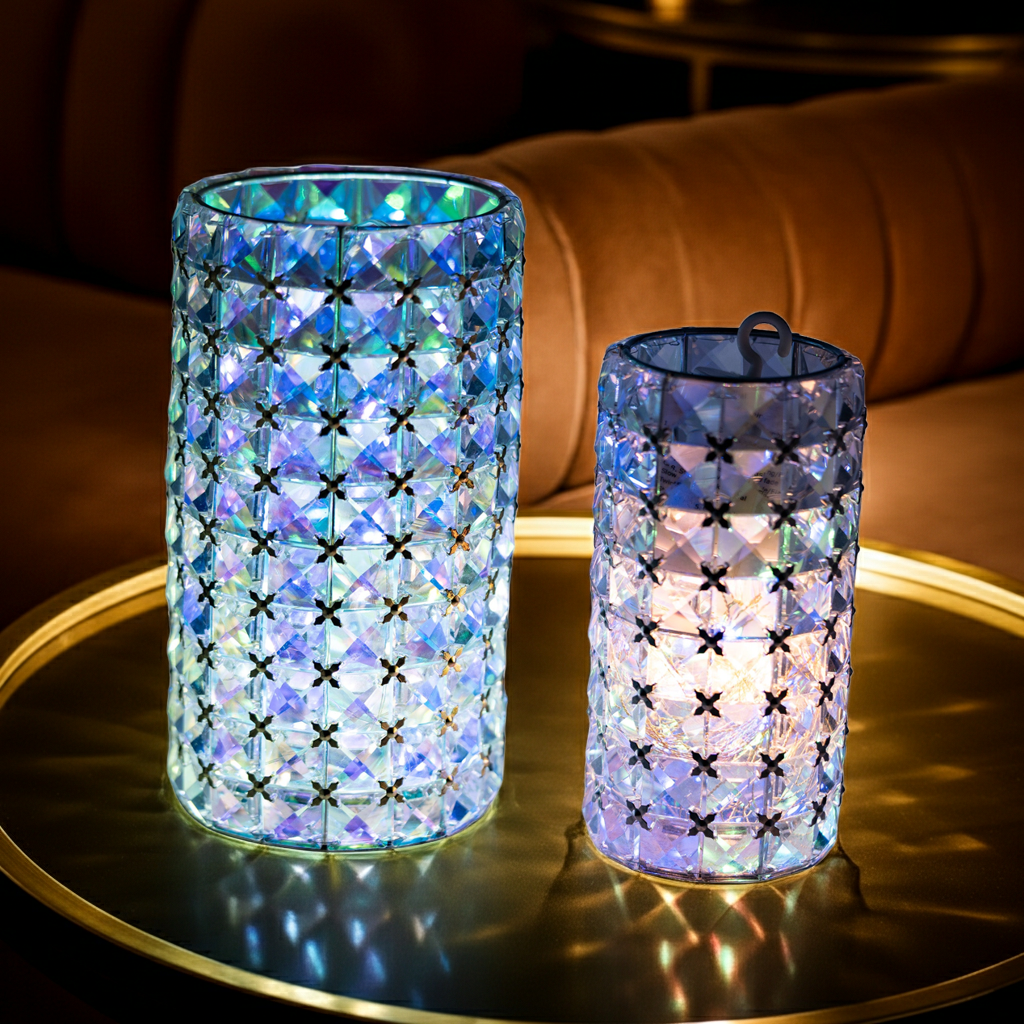 Valarie Parr Hill Crystal Cylinder Candle Holders - Iridescent Gold / Silver Lattice