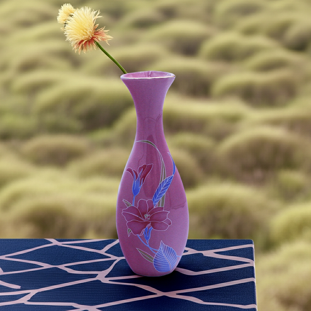 Soft Pink Ceramic Bud Vase with Floral Transfer & Gold‑Trim Rim — 7.75"