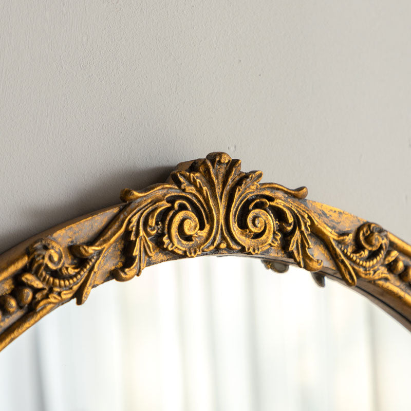 Gold Carved Wood Oval Mirror - Ornate Top Crest