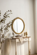 Gold Carved Wood Oval Mirror - Ornate Top Crest