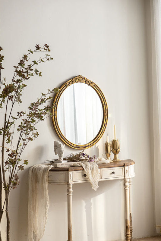Gold Carved Wood Oval Mirror - Ornate Top Crest