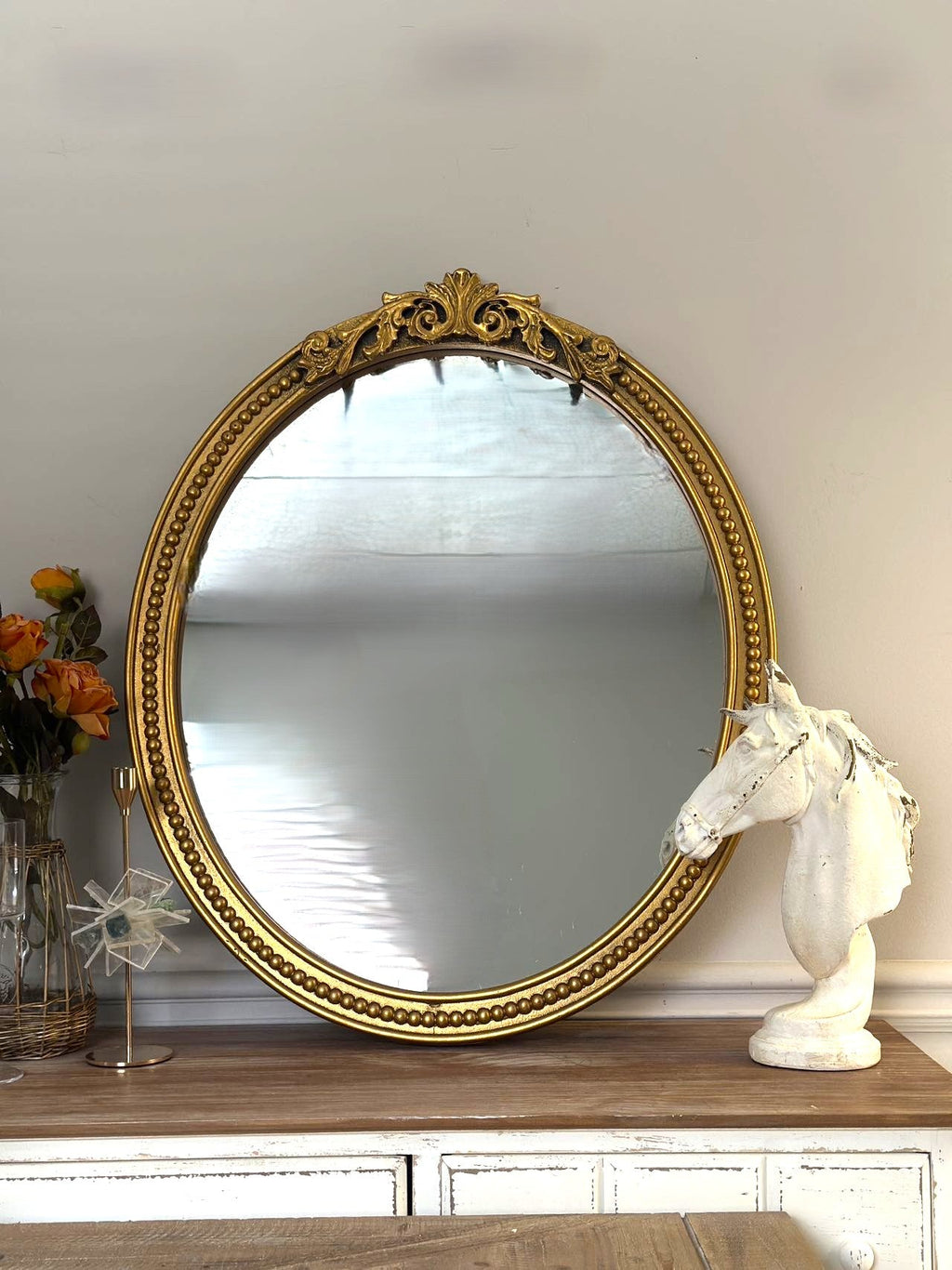 Gold Carved Wood Oval Mirror - Ornate Top Crest