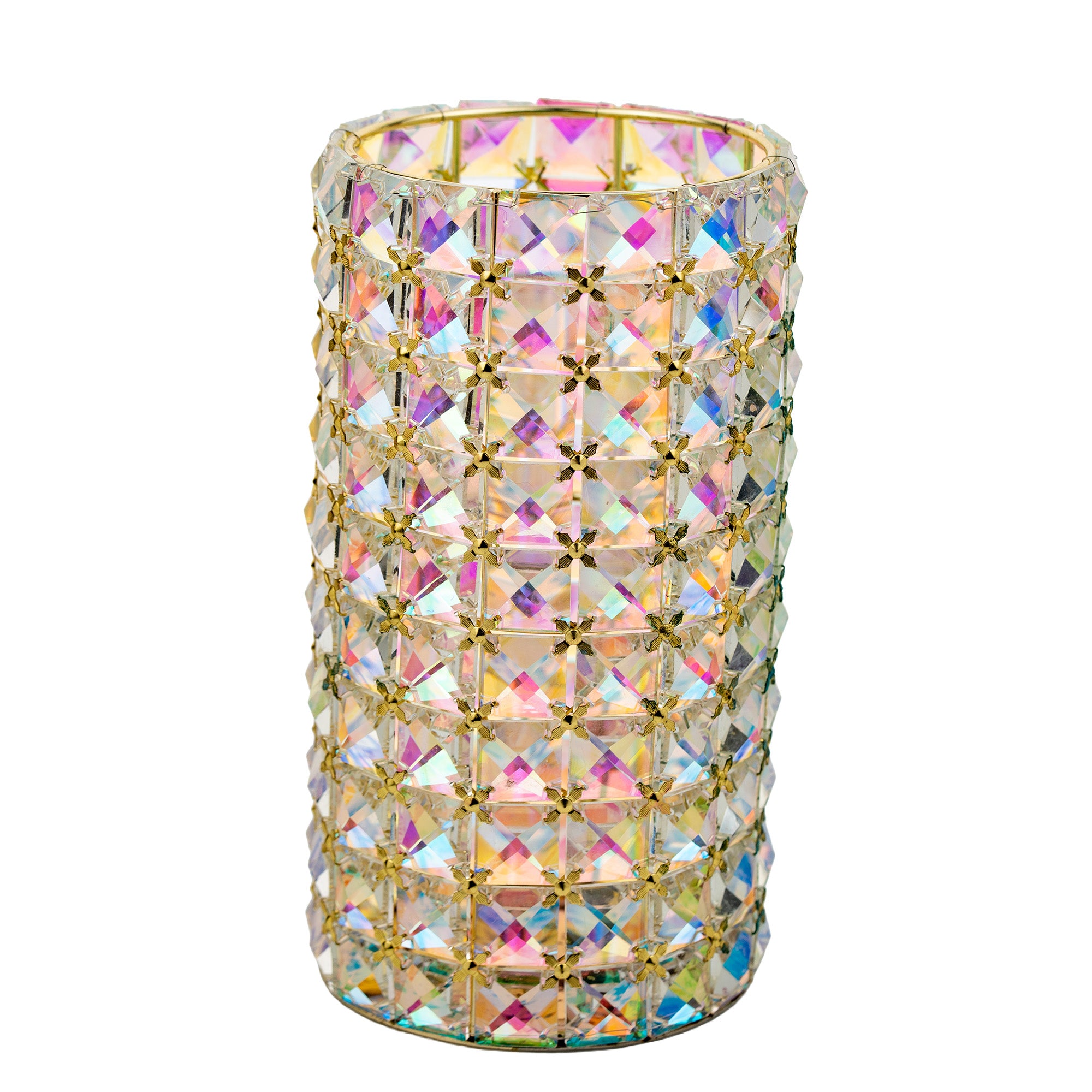 Valarie Parr Hill Crystal Cylinder Candle Holders - Iridescent Gold / Silver Lattice