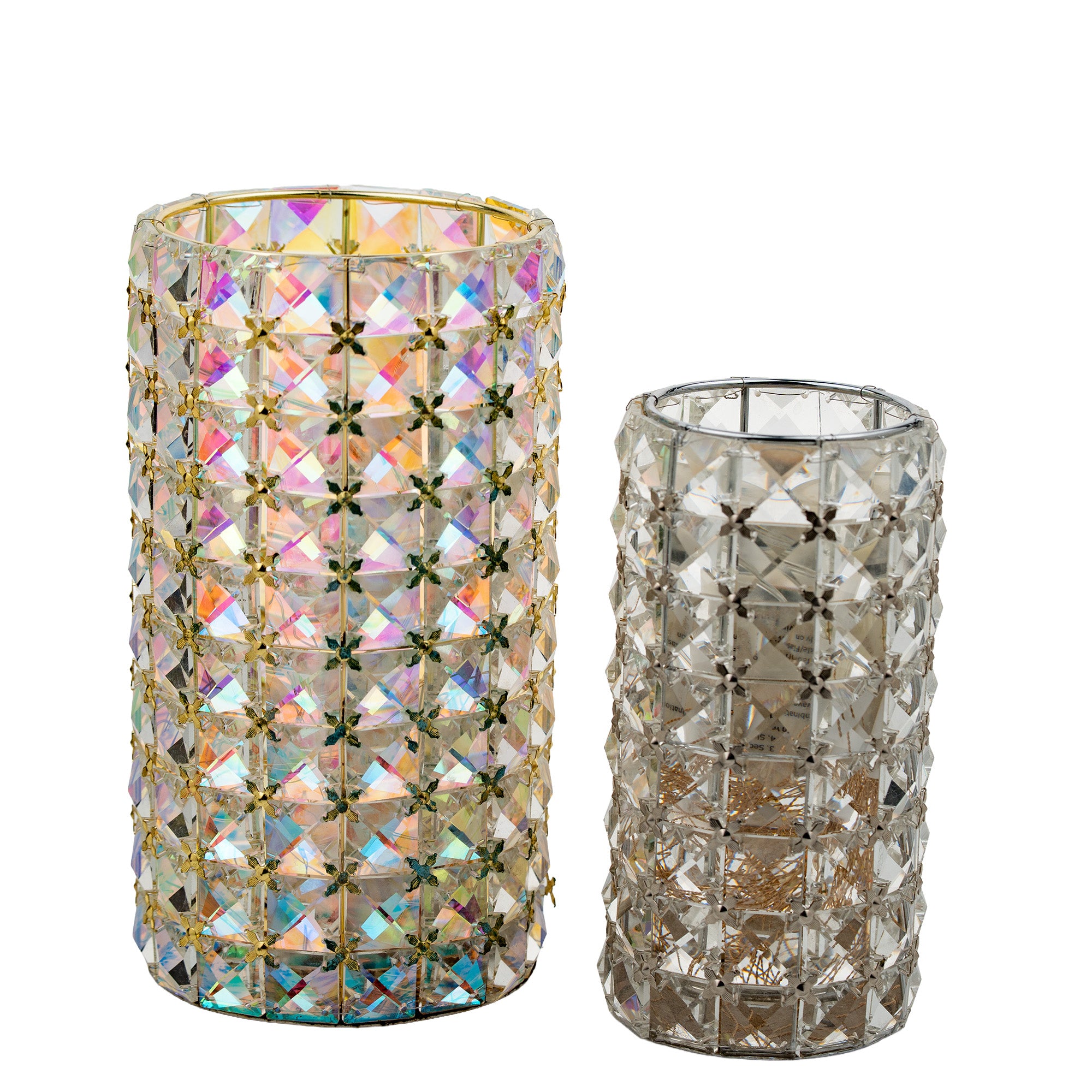 Valarie Parr Hill Crystal Cylinder Candle Holders - Iridescent Gold / Silver Lattice