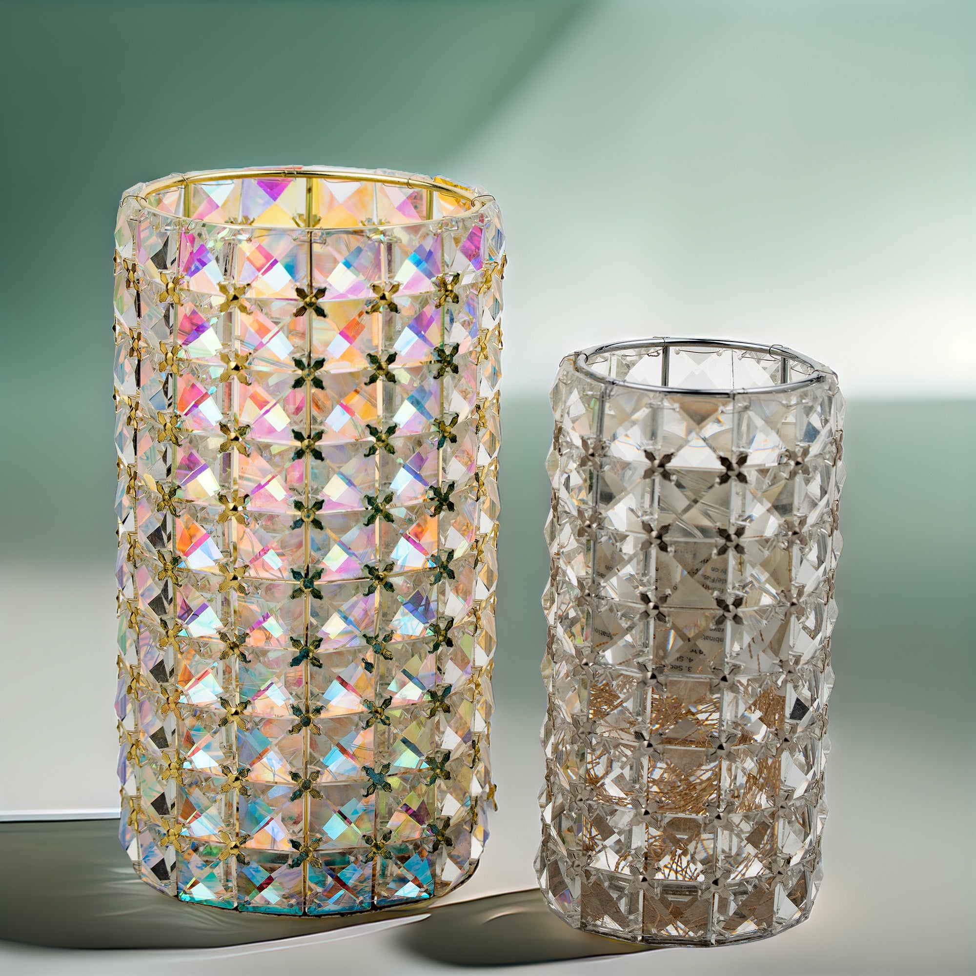 Valarie Parr Hill Crystal Cylinder Candle Holders - Iridescent Gold / Silver Lattice