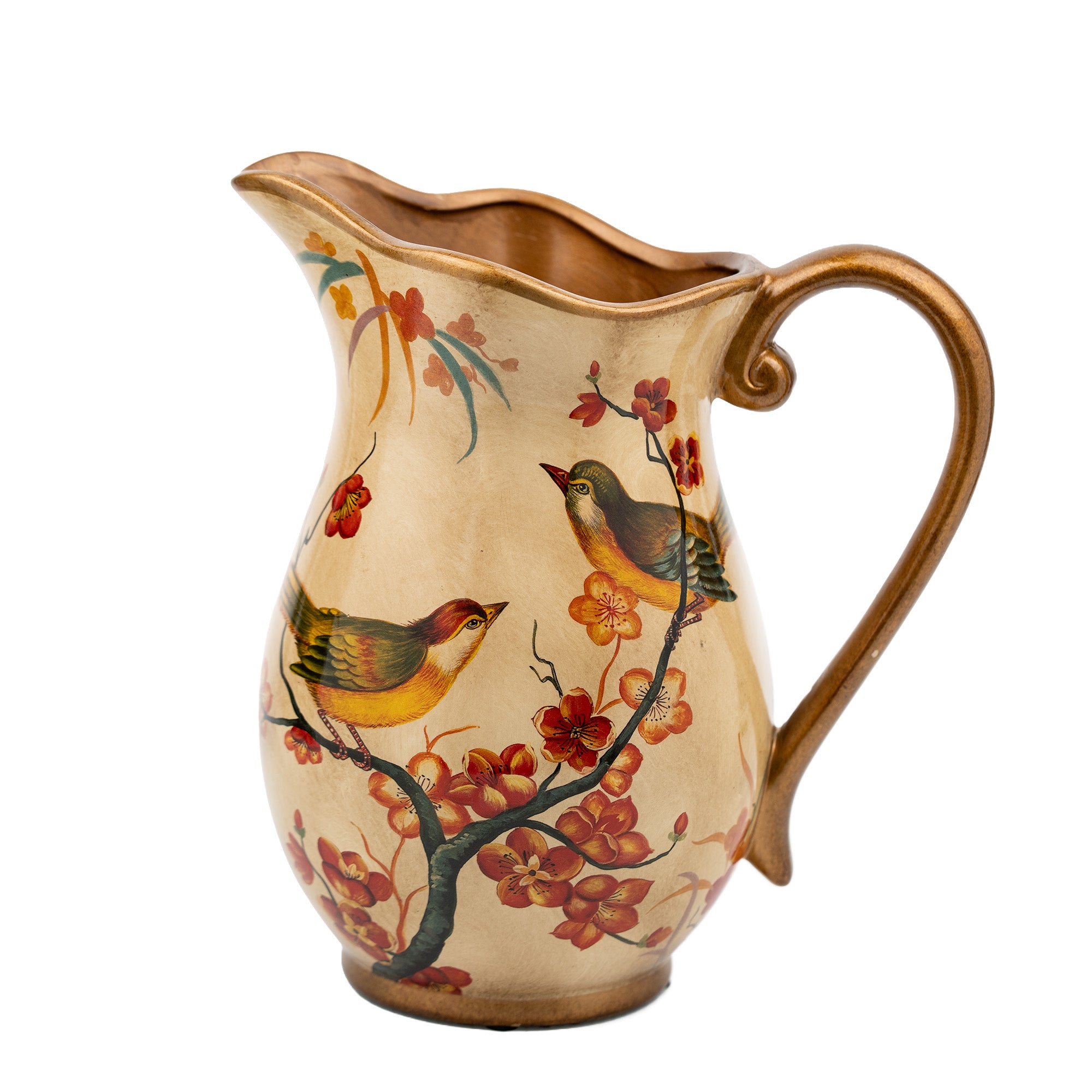 Hand-Painted Ceramic Songbird Pitcher with Floral Branches - Gold-painted detailing