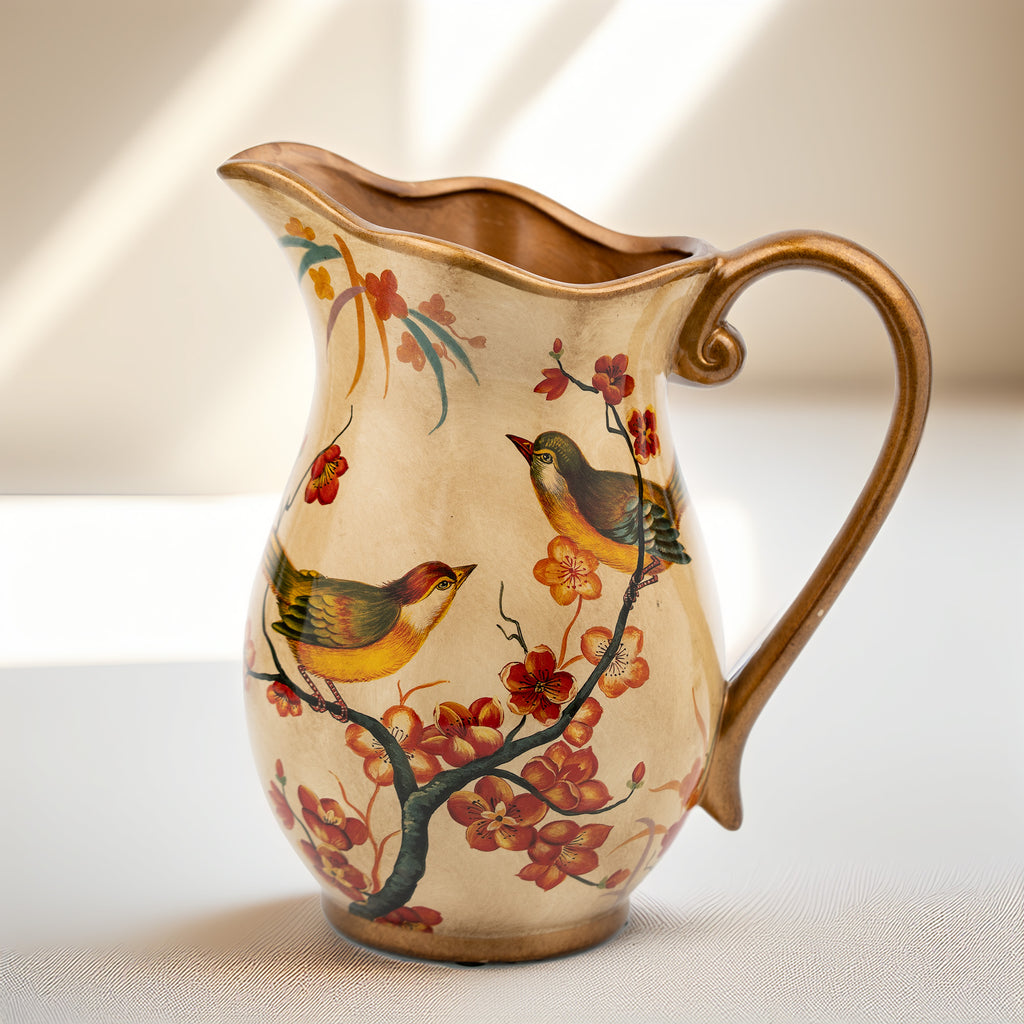 Hand-Painted Ceramic Songbird Pitcher with Floral Branches - Gold-painted detailing