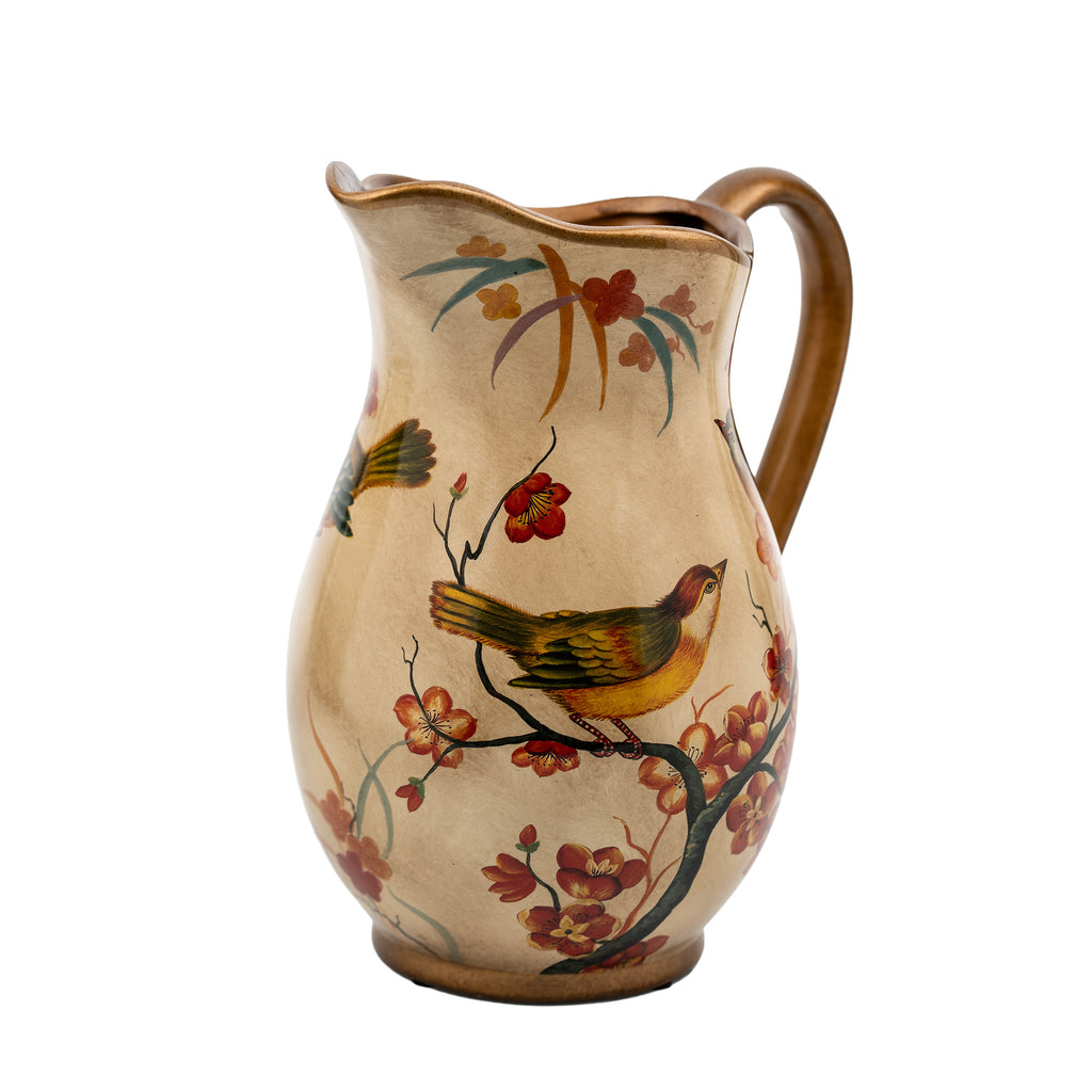 Hand-Painted Ceramic Songbird Pitcher with Floral Branches - Gold-painted detailing
