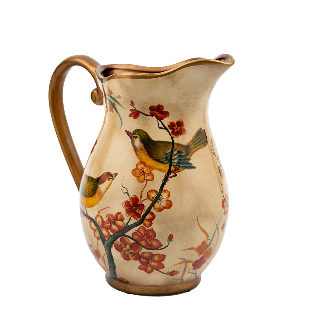 Hand-Painted Ceramic Songbird Pitcher with Floral Branches - Gold-painted detailing