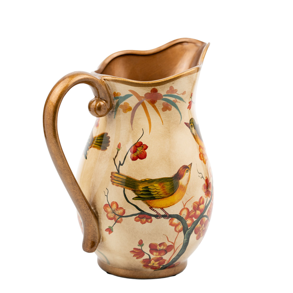 Hand-Painted Ceramic Songbird Pitcher with Floral Branches - Gold-painted detailing