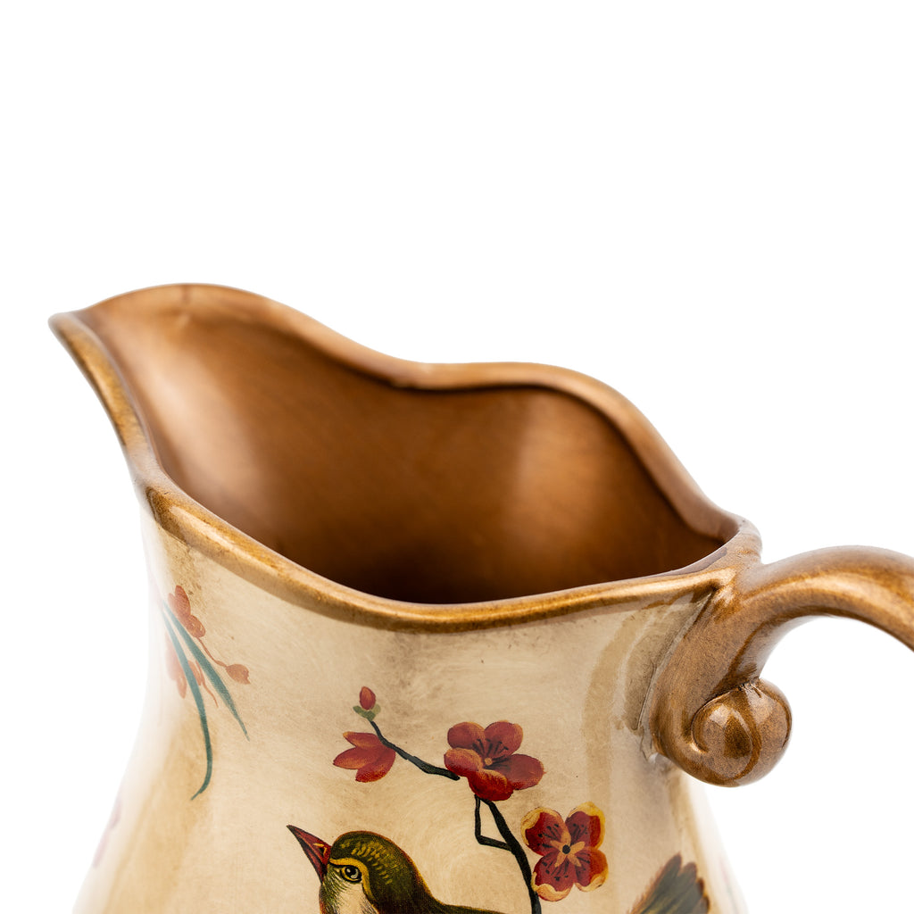 Hand-Painted Ceramic Songbird Pitcher with Floral Branches - Gold-painted detailing