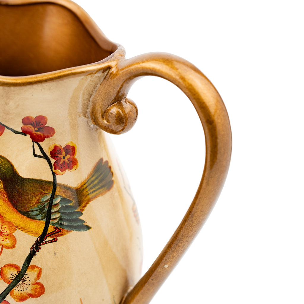 Hand-Painted Ceramic Songbird Pitcher with Floral Branches - Gold-painted detailing