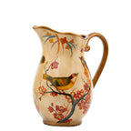 Hand-Painted Ceramic Songbird Pitcher with Floral Branches - Gold-painted detailing