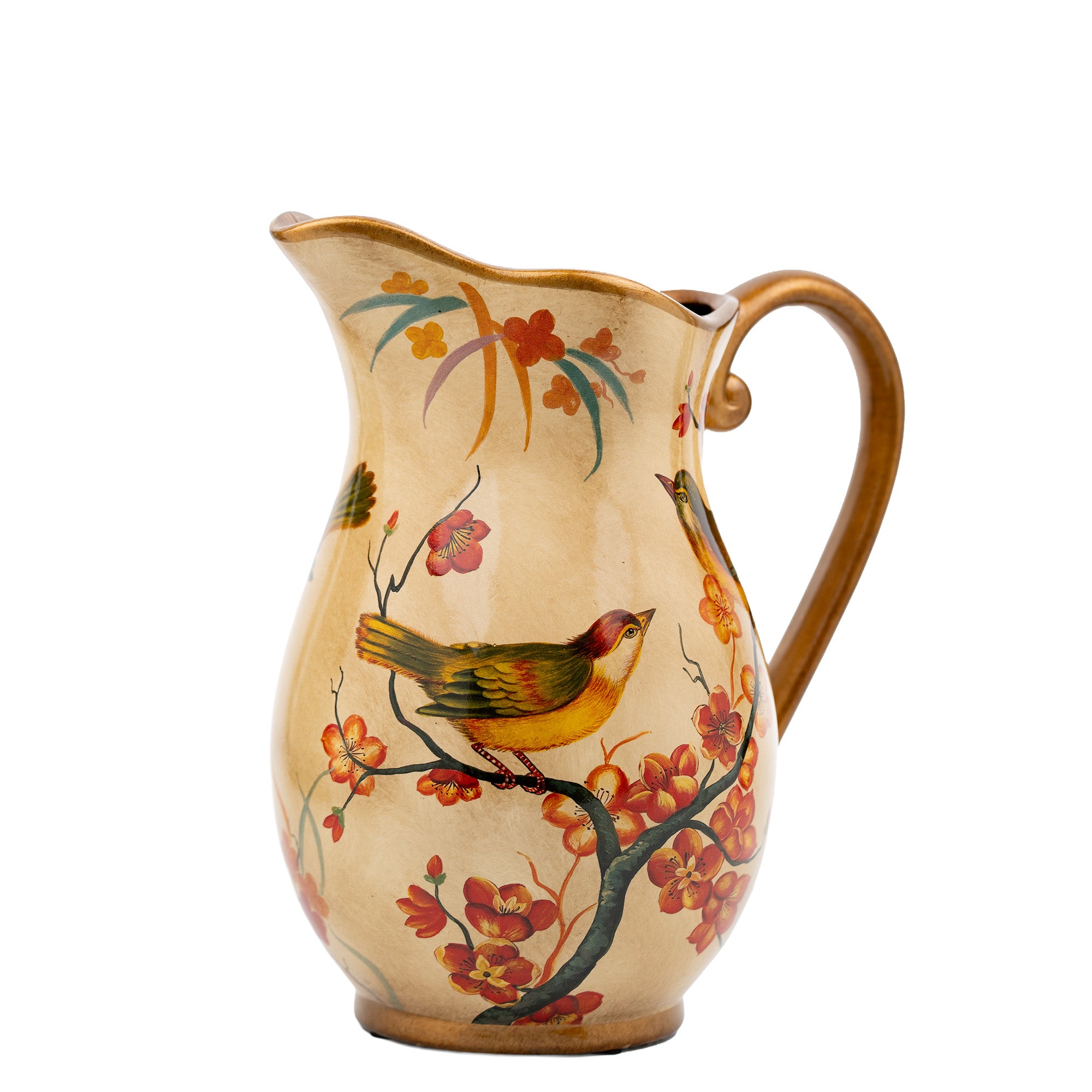 Hand-Painted Ceramic Songbird Pitcher with Floral Branches - Gold-painted detailing