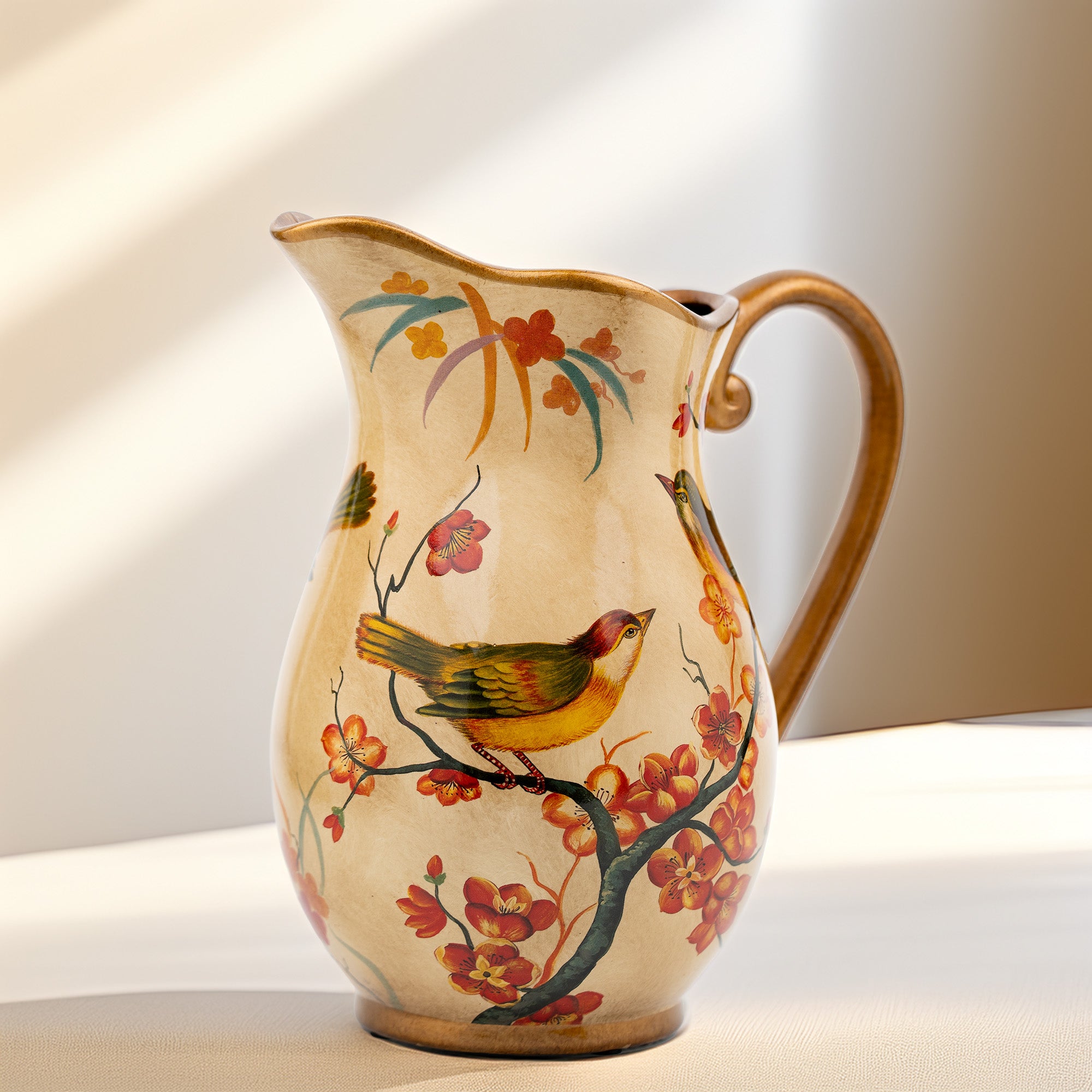 Hand-Painted Ceramic Songbird Pitcher with Floral Branches - Gold-painted detailing