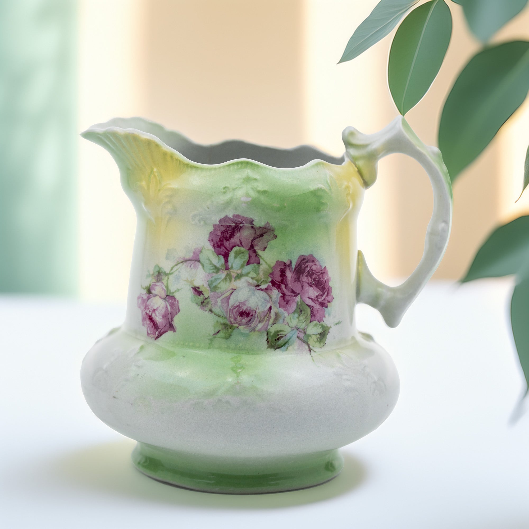 Porcelain Floral Pitcher - Pink Rose Scalloped Rim