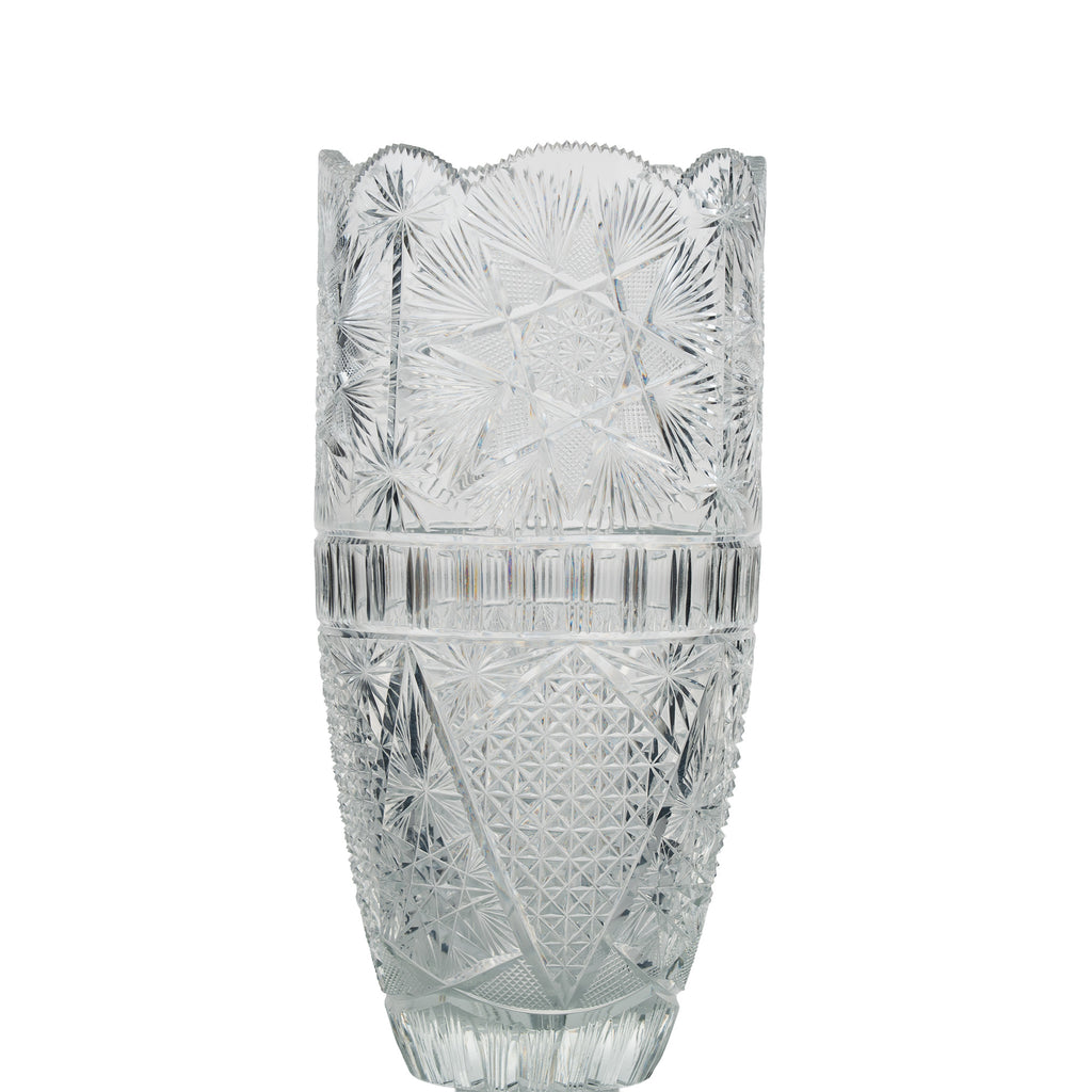 Large Sawtooth Rim Cut Crystal Vase - Starburst & Diamond Cuts