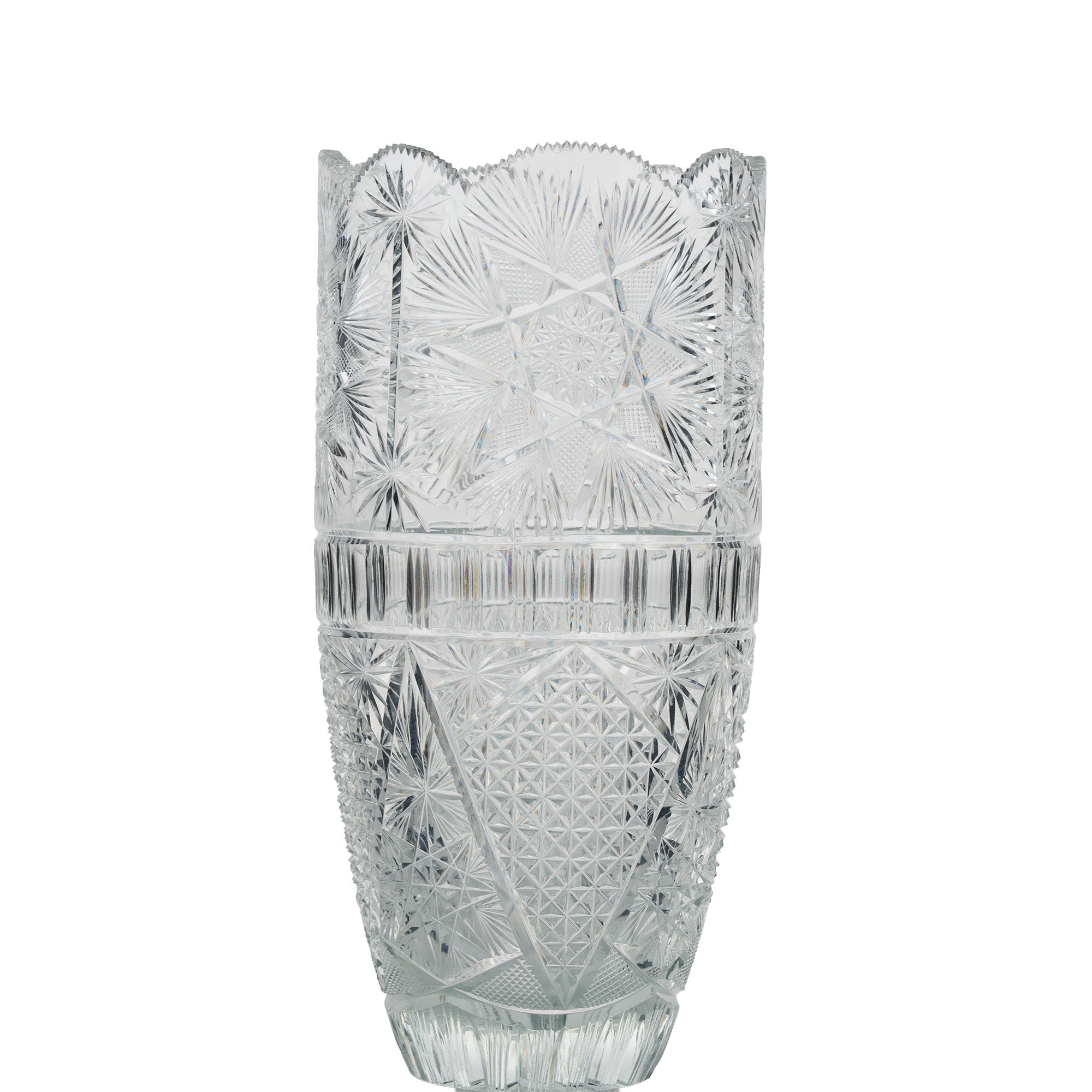 Large Sawtooth Rim Cut Crystal Vase - Starburst & Diamond Cuts