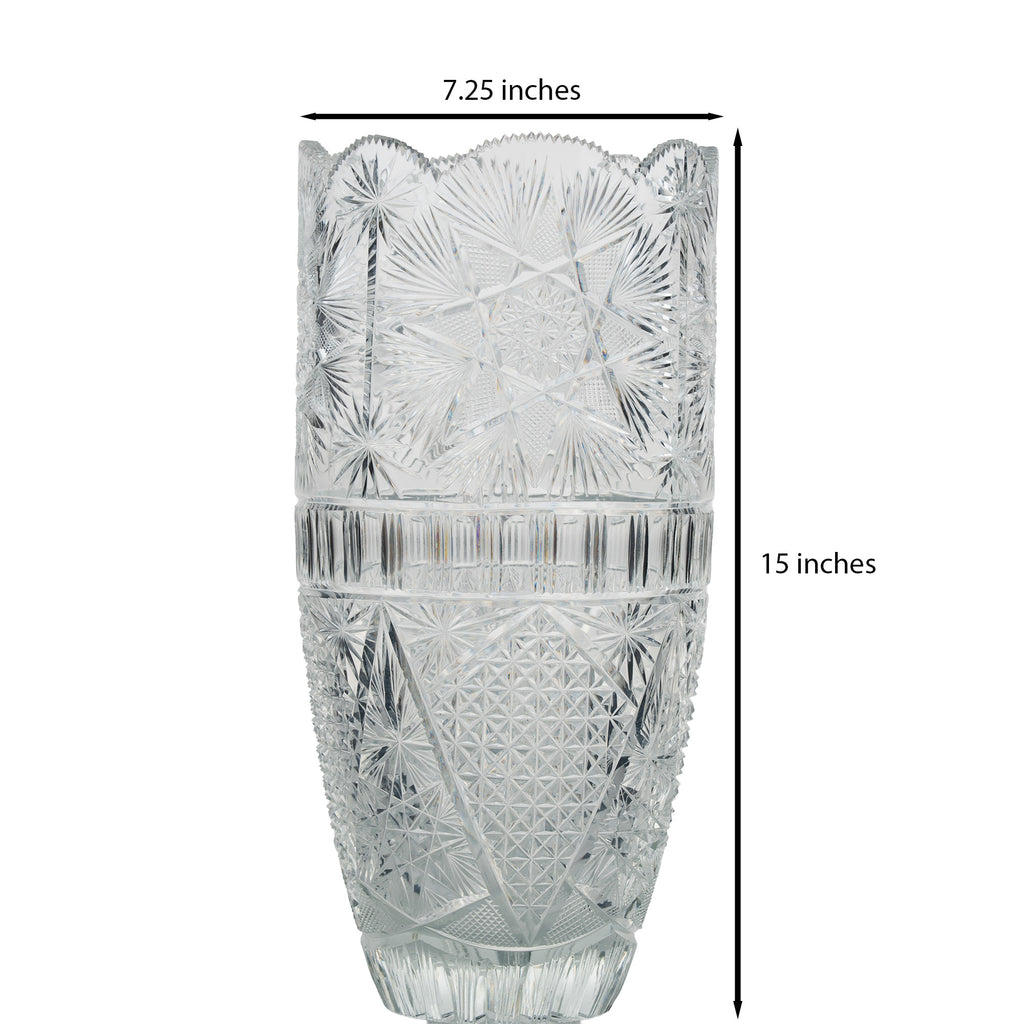Large Sawtooth Rim Cut Crystal Vase - Starburst & Diamond Cuts
