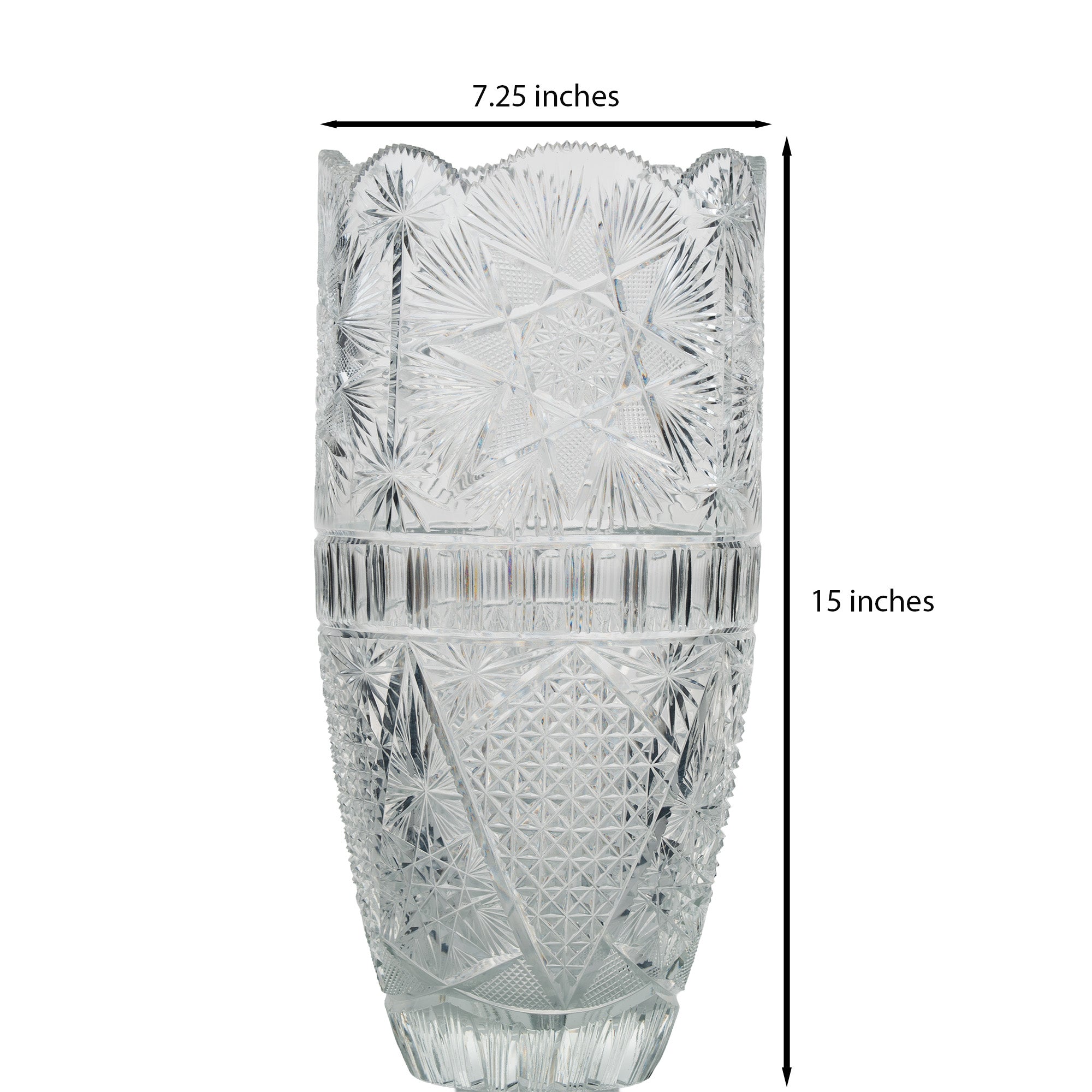 Large Sawtooth Rim Cut Crystal Vase - Starburst & Diamond Cuts