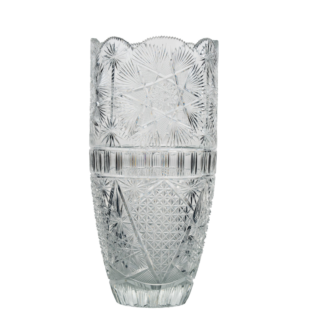 Large Sawtooth Rim Cut Crystal Vase - Starburst & Diamond Cuts