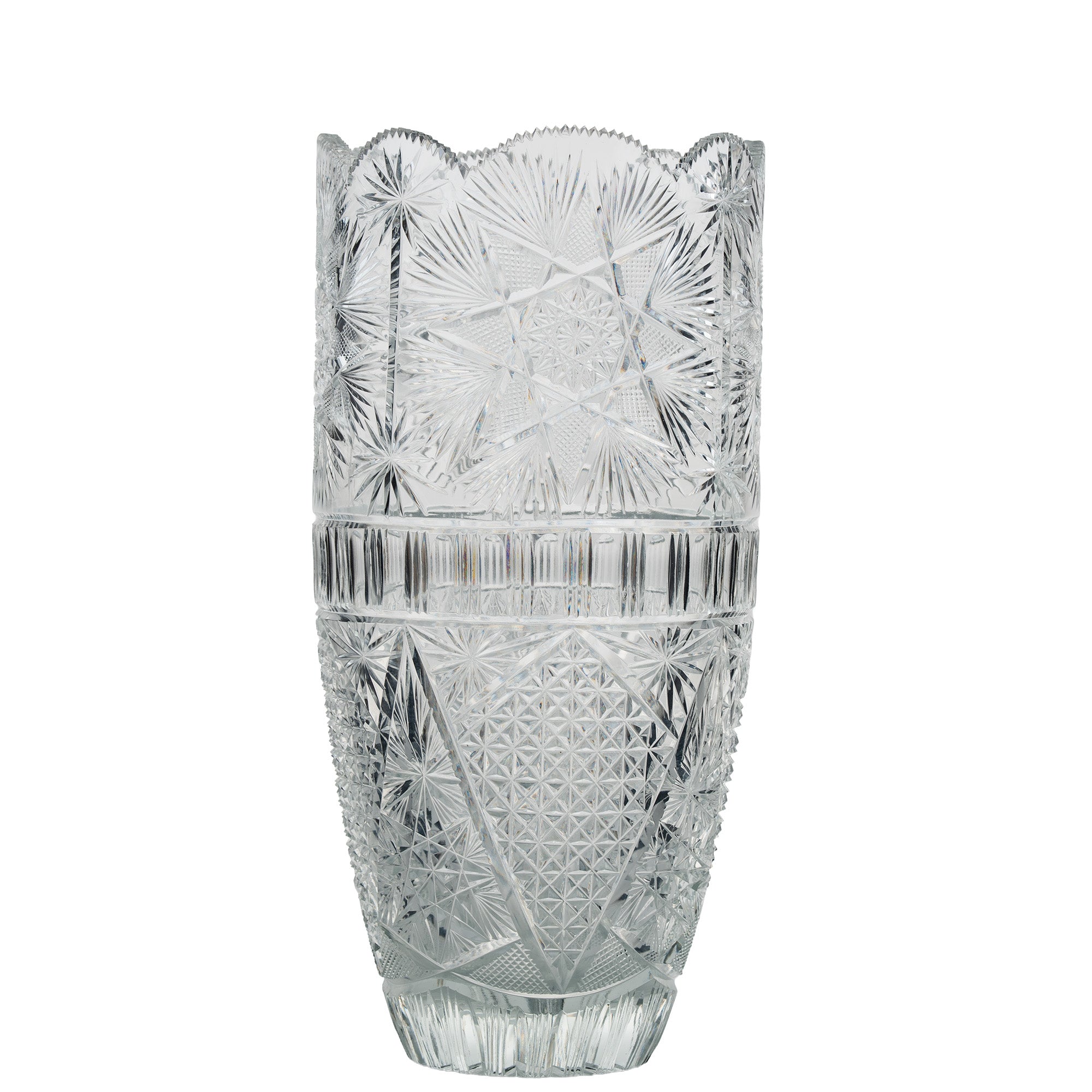 Large Sawtooth Rim Cut Crystal Vase - Starburst & Diamond Cuts