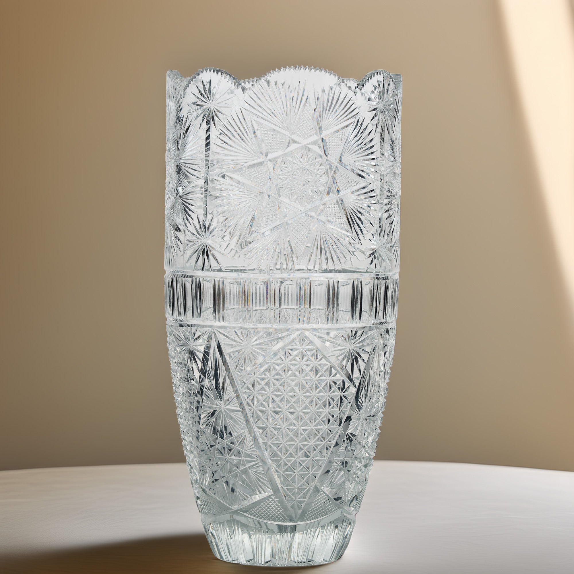 Large Sawtooth Rim Cut Crystal Vase - Starburst & Diamond Cuts