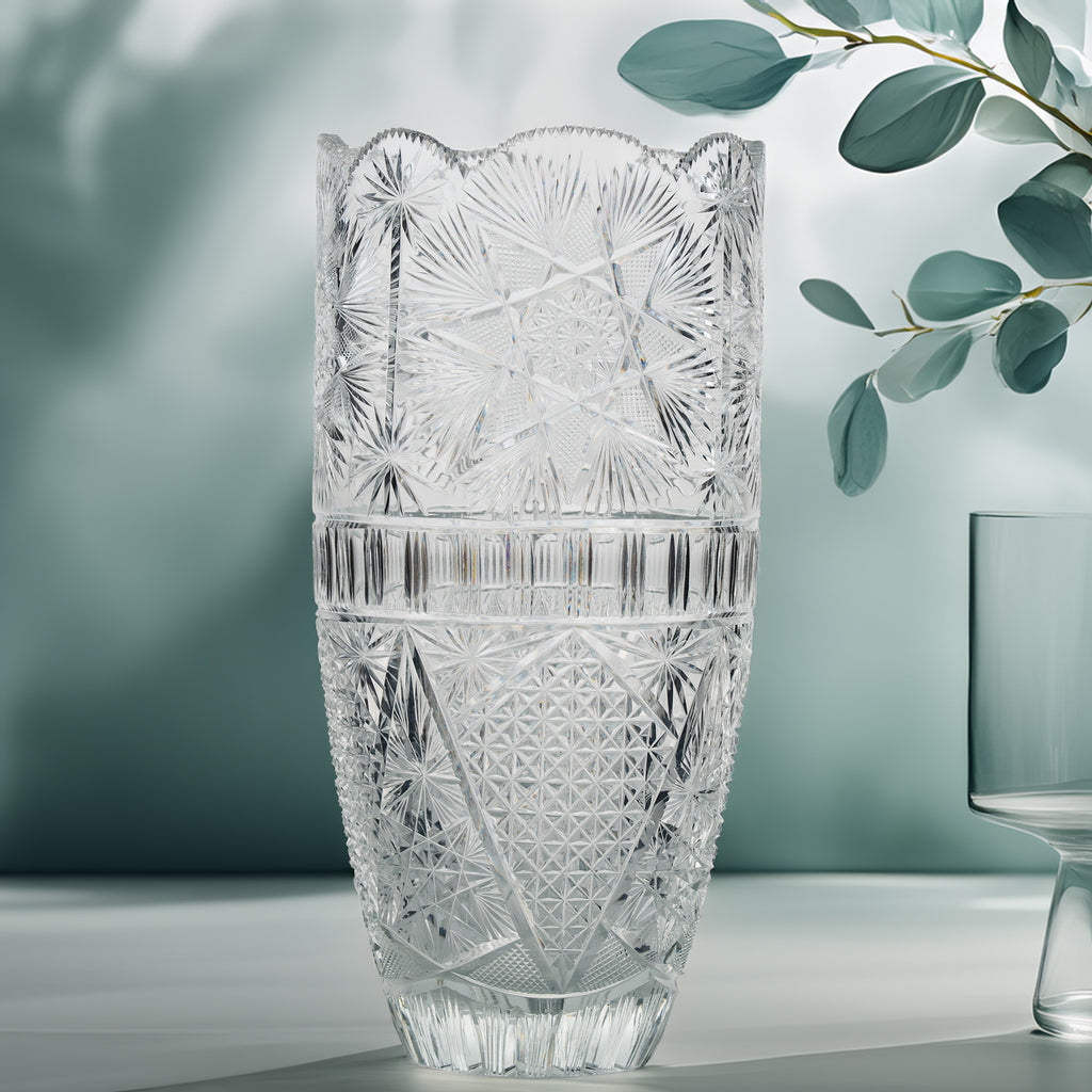 Large Sawtooth Rim Cut Crystal Vase - Starburst & Diamond Cuts
