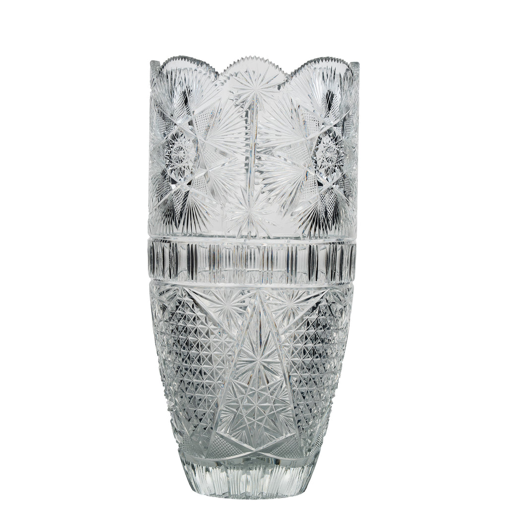 Large Sawtooth Rim Cut Crystal Vase - Starburst & Diamond Cuts