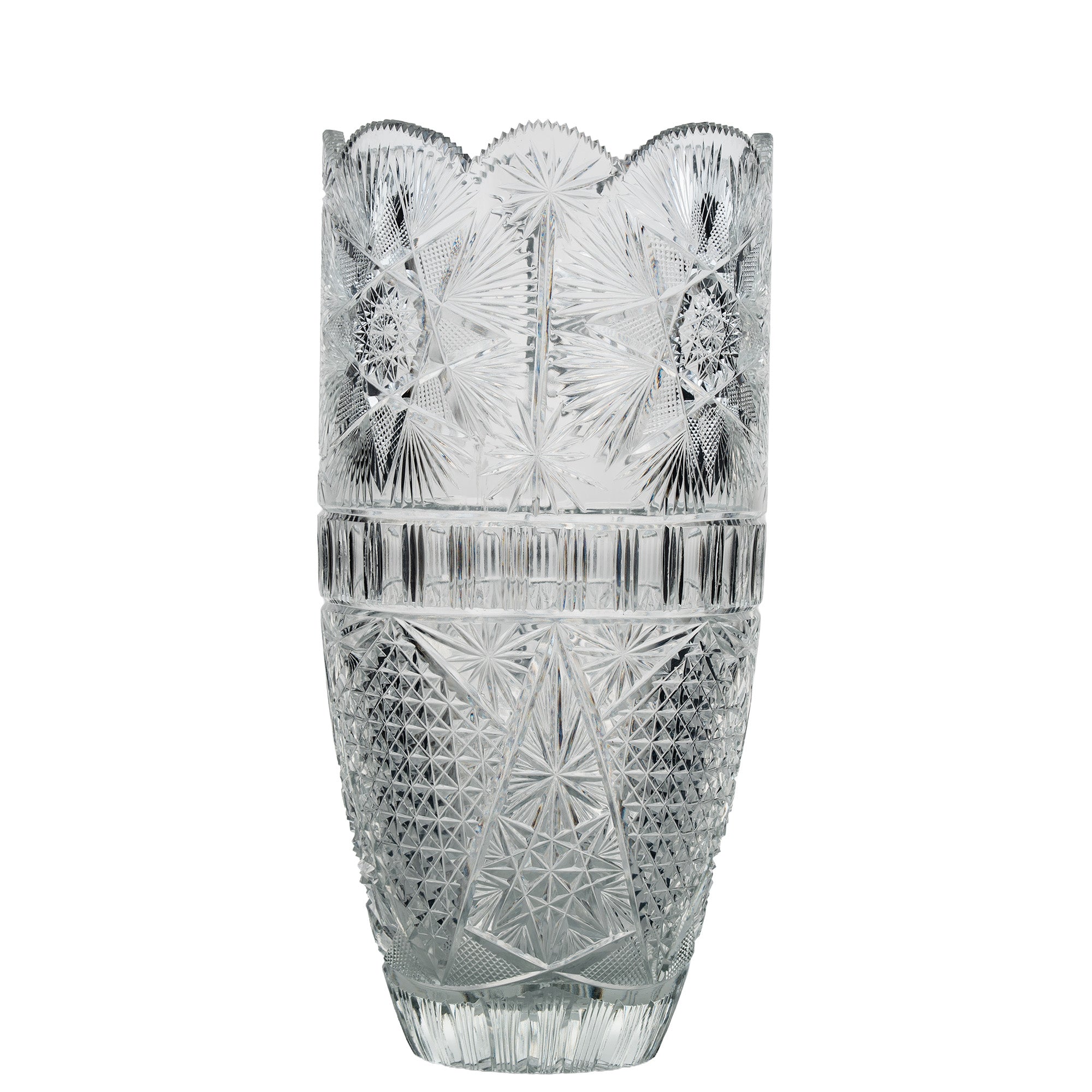 Large Sawtooth Rim Cut Crystal Vase - Starburst & Diamond Cuts